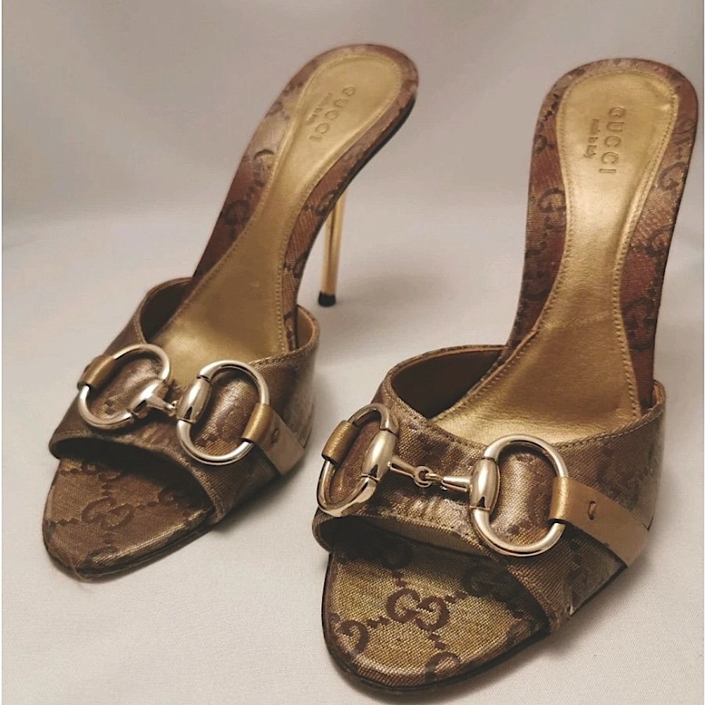 GUCCI Crystal Horsebit GG Heeled Monogram Gold Stiletto Mules size 8 & dust bag - Picture 4 of 17